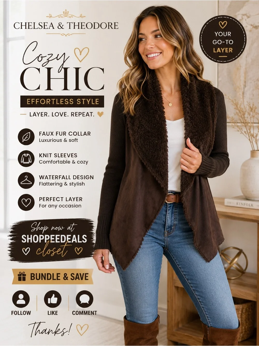 Chelsea & Theodore Faux Fur Waterfall Cardigan Sweater – Brown – Women’s Small